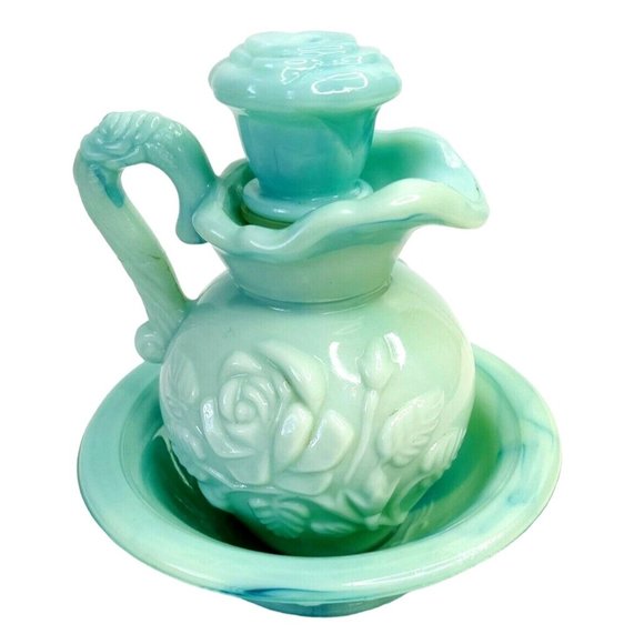 Avon Jadeite Decanter Bottle Pitcher and Bowl w/ Stoppers 5" Victoriana Glass - Picture 3 of 11